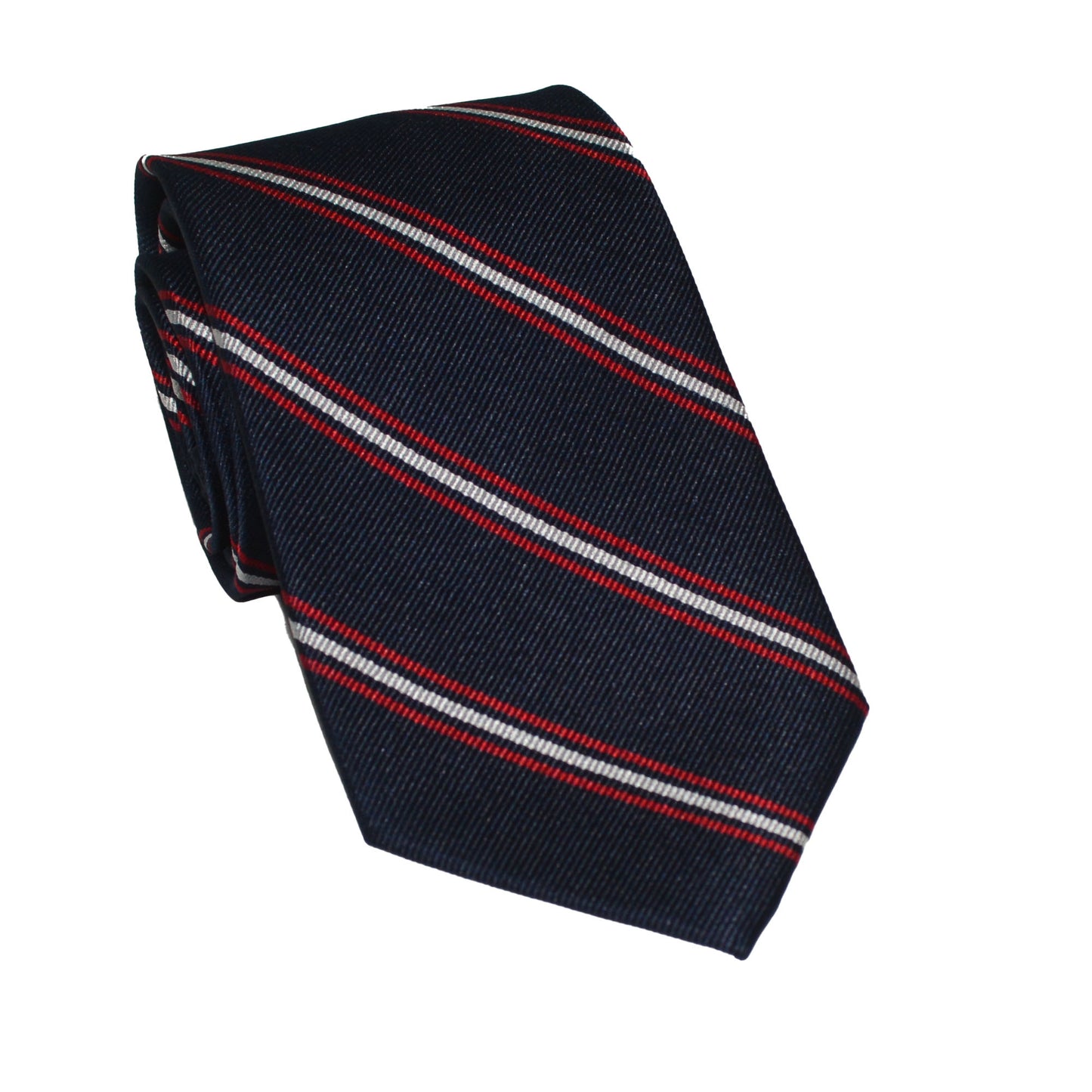 Red and White Stripes on Navy Necktie - Navy, Woven Silk