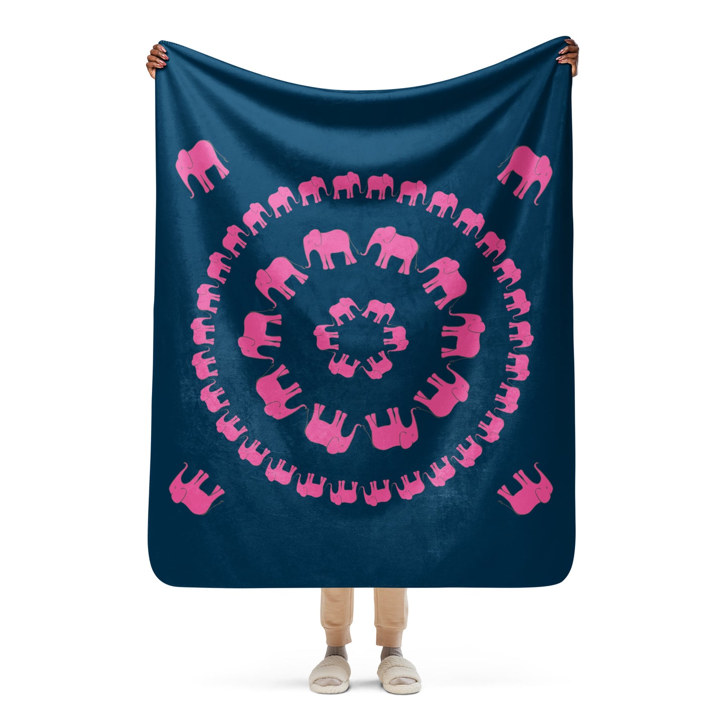 Elephant Sherpa blanket - Pink on Navy