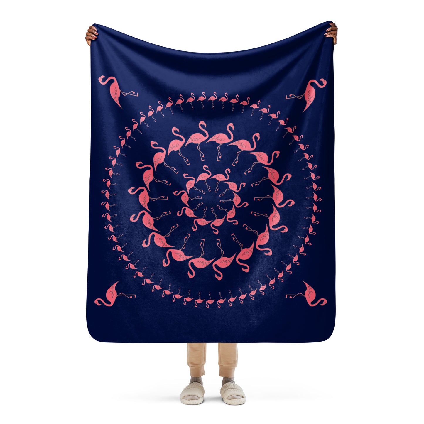 Flamingo Sherpa blanket - Pink on Navy