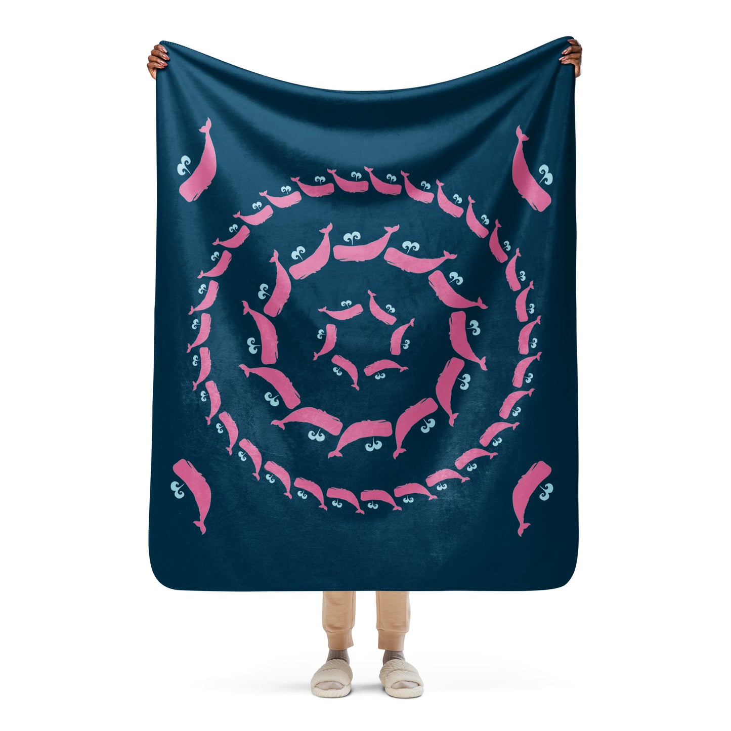 Sperm Whale Sherpa blanket - Pink on Navy