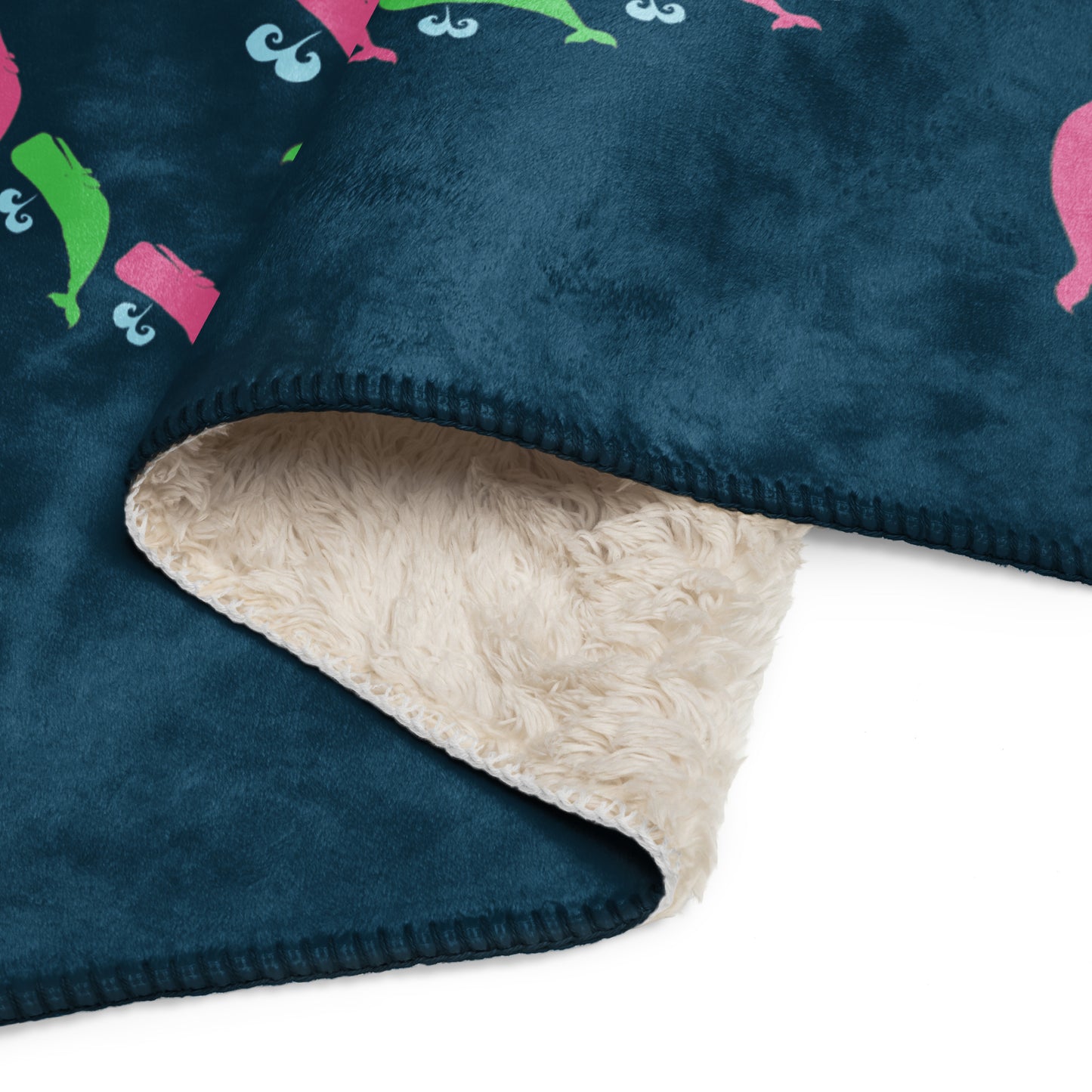 Sperm Whale Sherpa blanket - Pink and Green on Navy