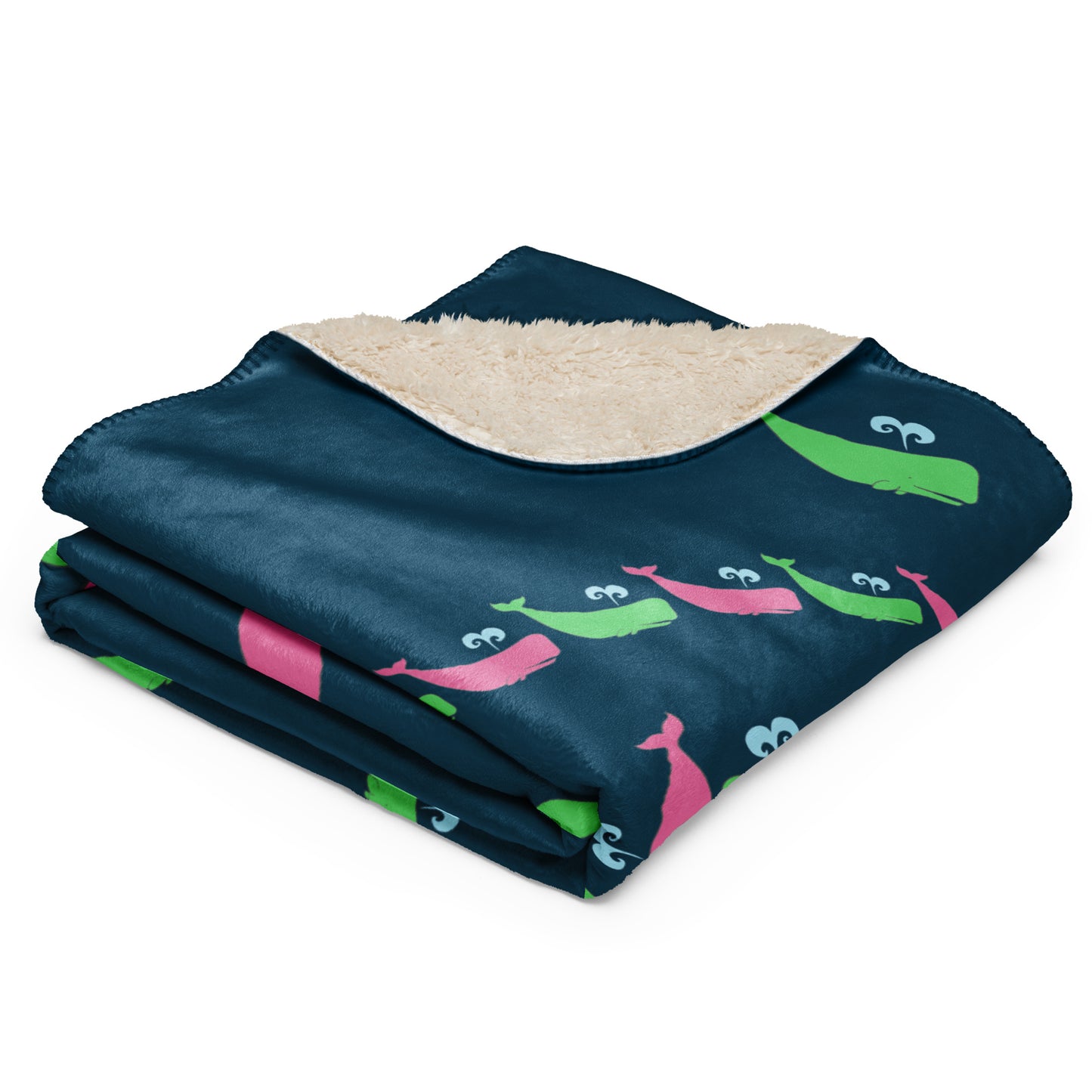 Sperm Whale Sherpa blanket - Pink and Green on Navy