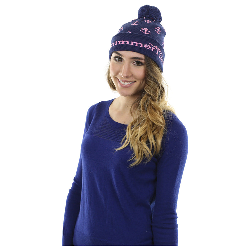 Anchor Winter Hat - Pink on Navy - SummerTies