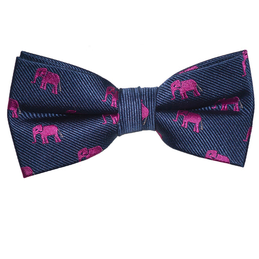 Elephant Bow Tie - Pink on Navy, Woven Silk, Pre-Tied for Kids - SummerTies