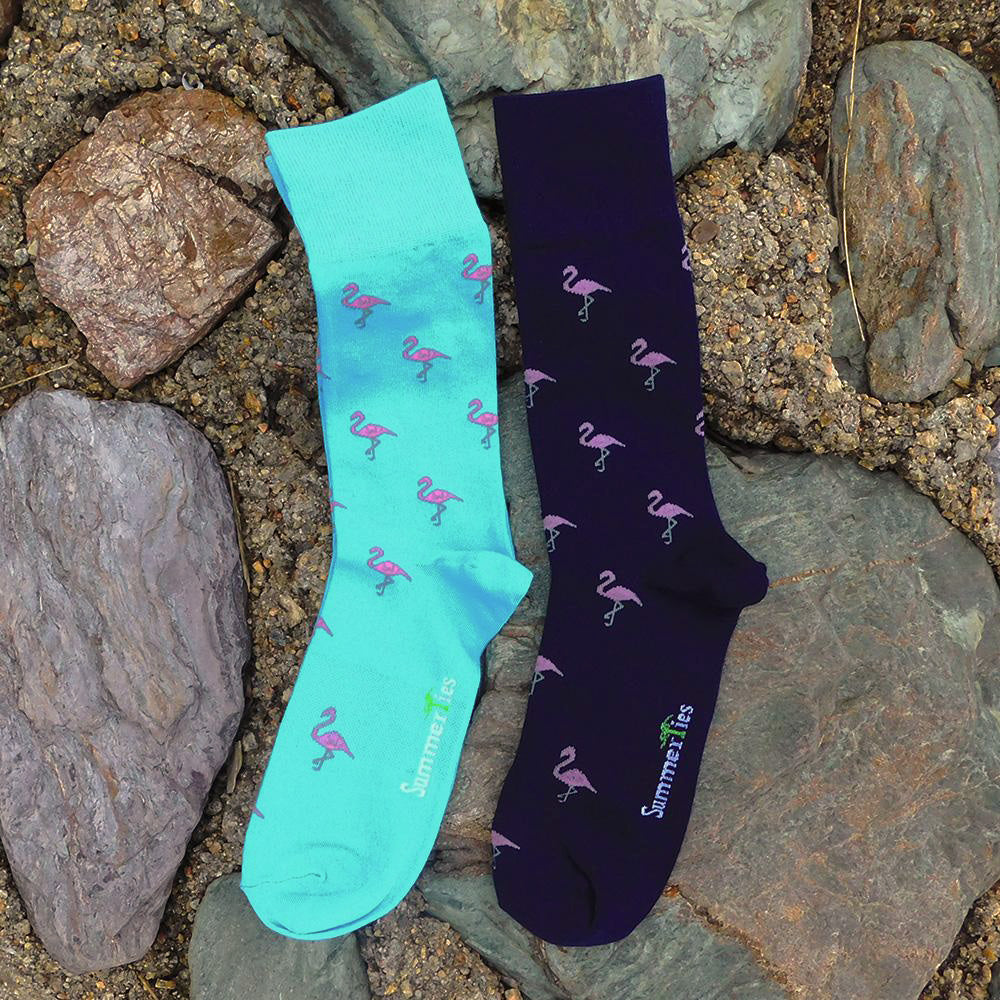 Flamingo Socks - Men's Mid Calf - Pink on Aqua Blue - SummerTies