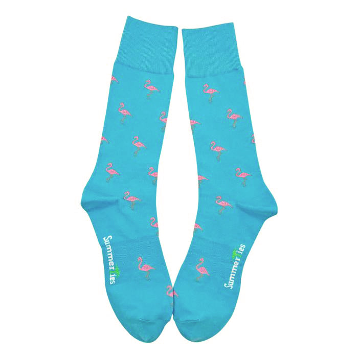 Flamingo Socks - Men's Mid Calf - Pink on Aqua Blue - SummerTies