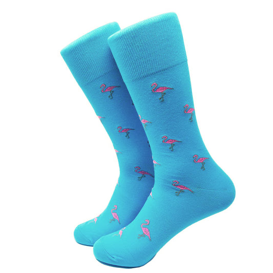 Flamingo Socks - Men's Mid Calf - Pink on Aqua Blue - SummerTies