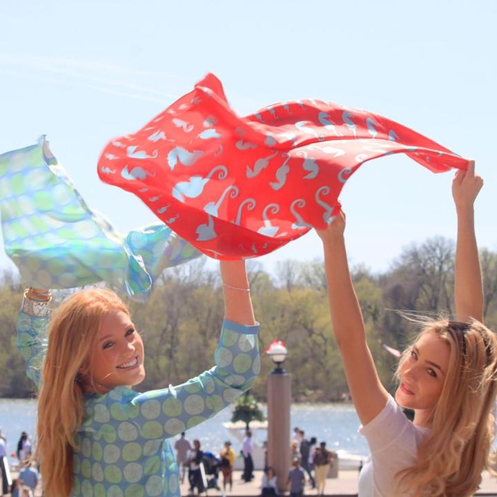 Seahorse Square Scarf - Light Blue On Coral - SummerTies