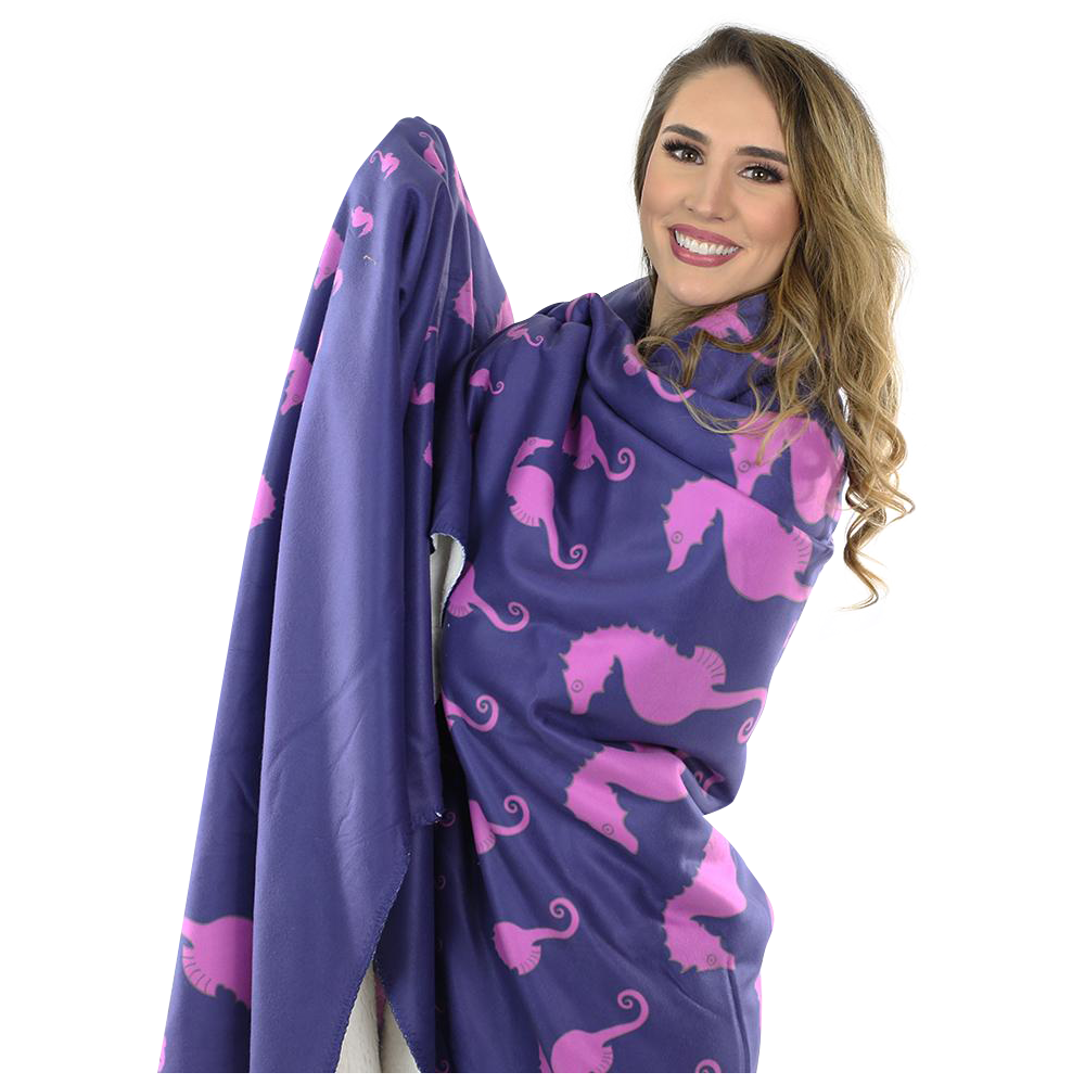 Seahorse Fleece Blanket - Pink on Navy - SummerTies