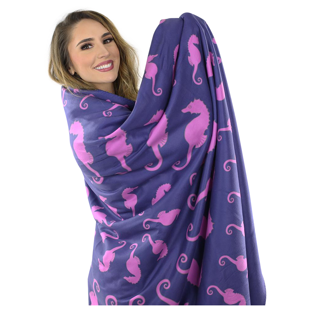 Seahorse Fleece Blanket - Pink on Navy - SummerTies