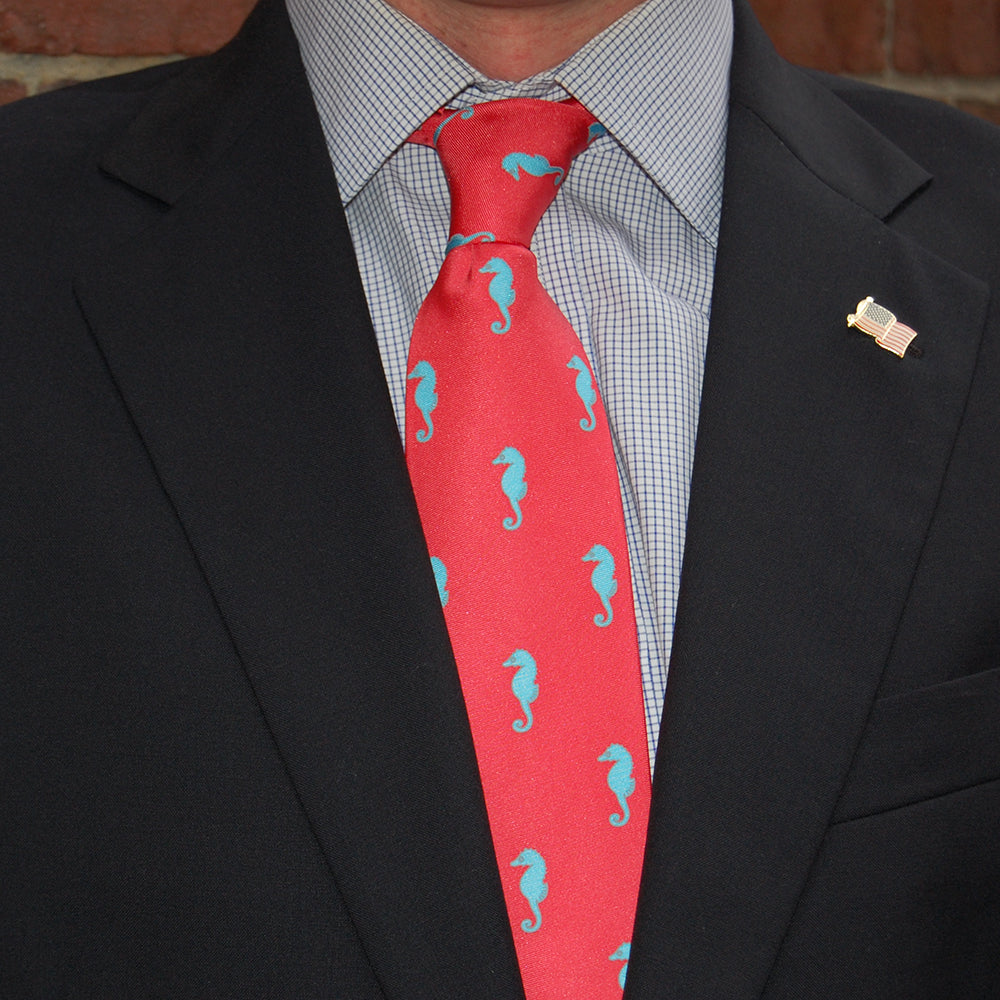 Seahorse Necktie - Coral Pink, Printed Silk - SummerTies