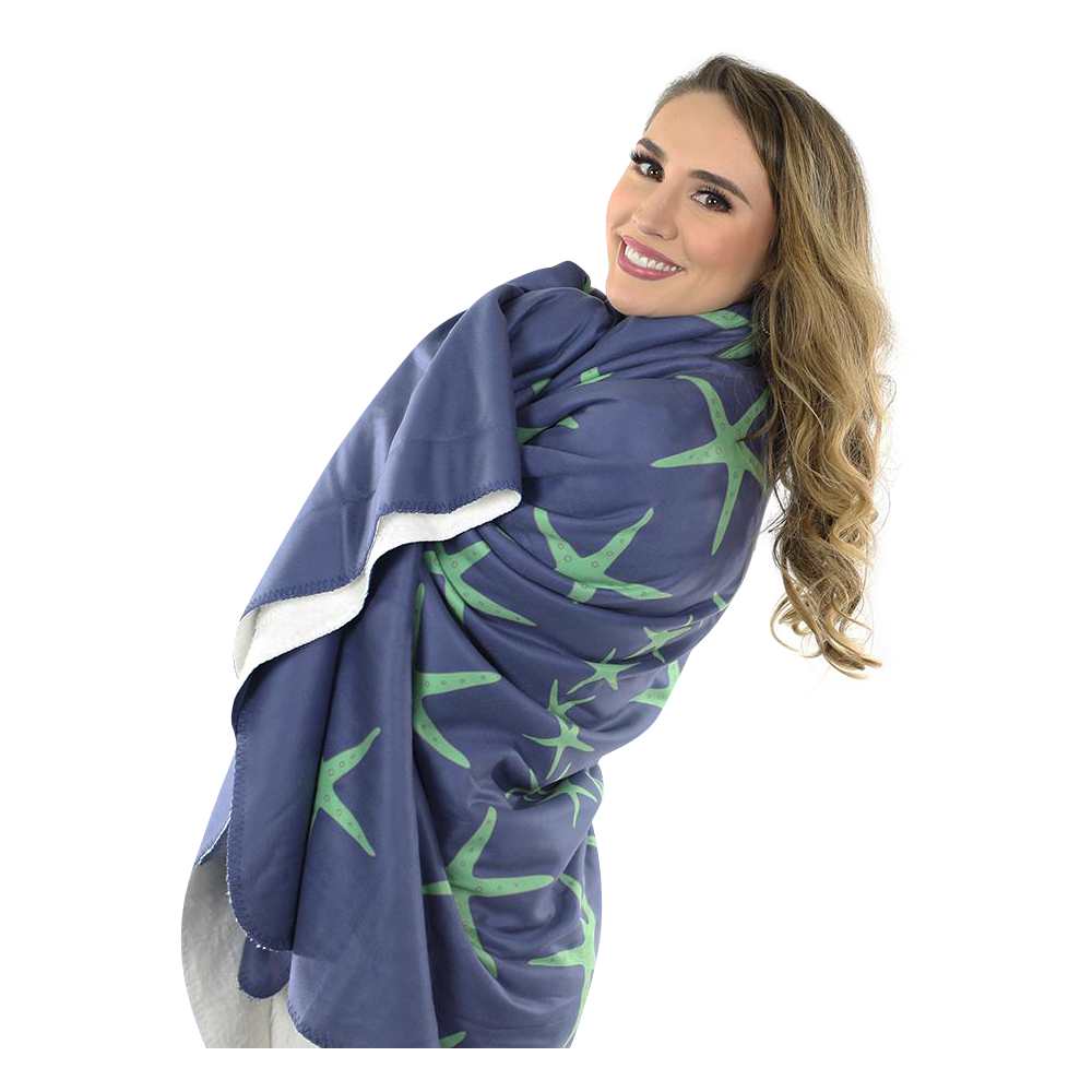Starfish Fleece Blanket - Green on Navy - SummerTies