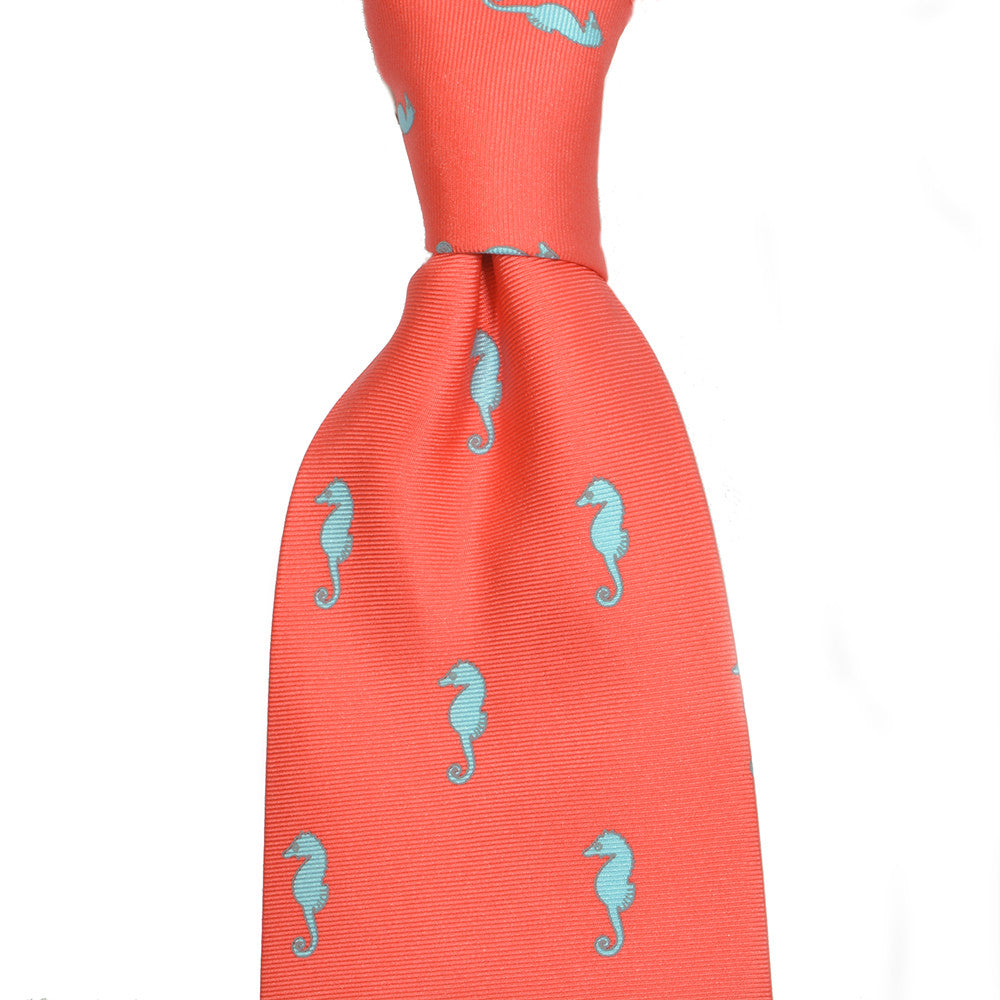 Seahorse Necktie - Coral Pink, Printed Silk - SummerTies