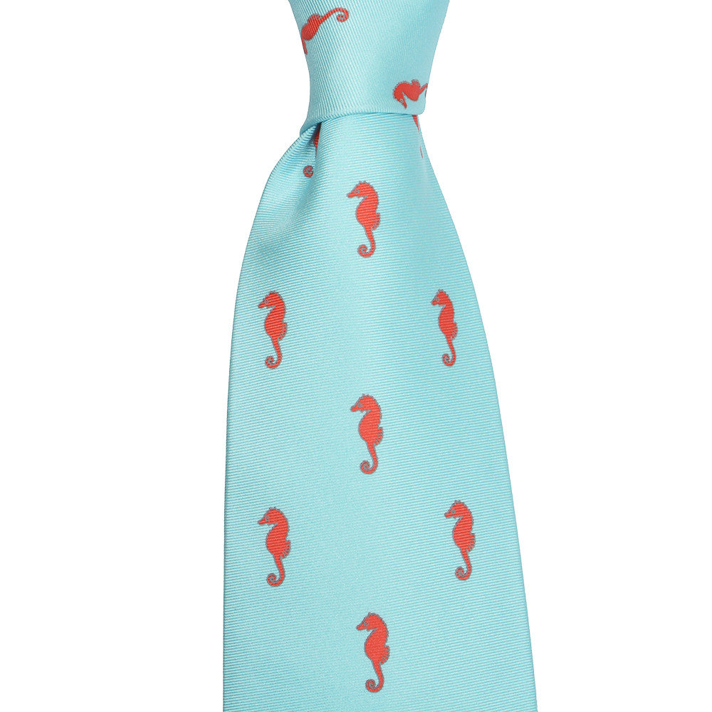 Seahorse Necktie - Blue, Printed Silk - SummerTies