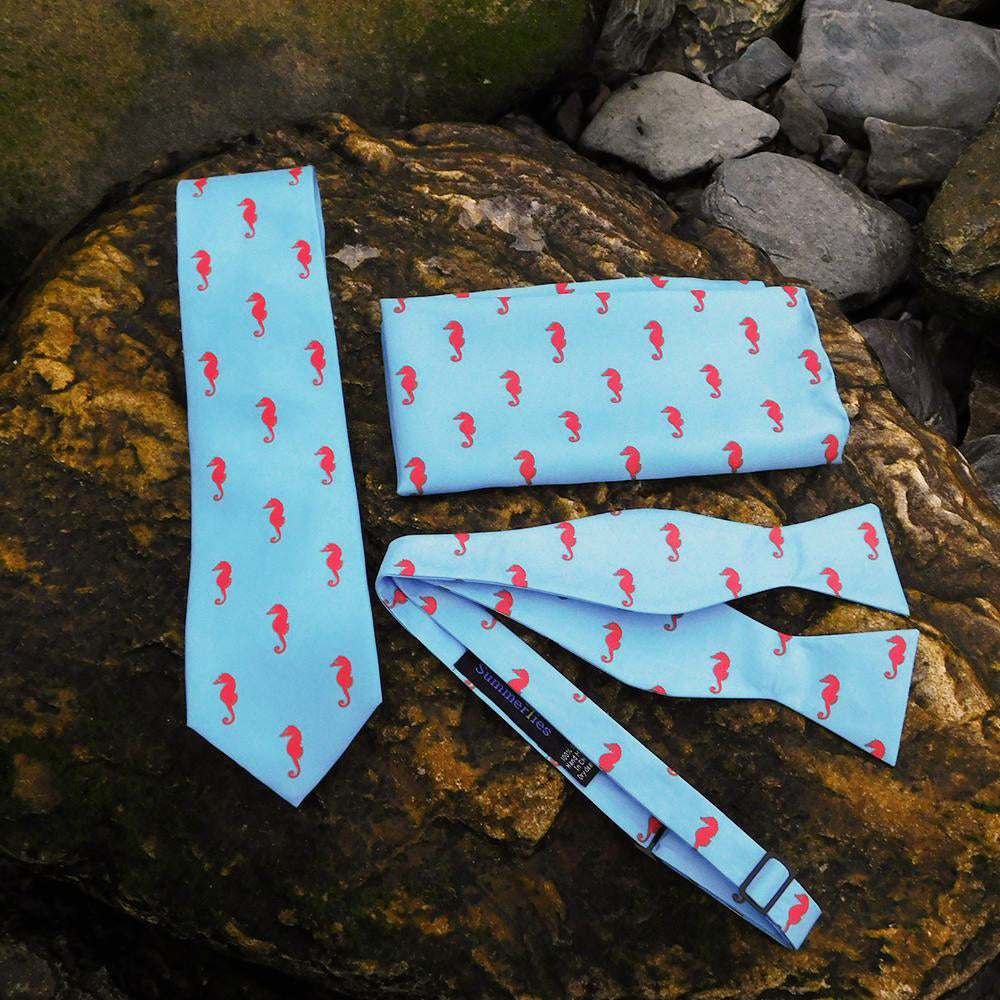 Seahorse Bow Tie - Blue, Printed Silk - SummerTies