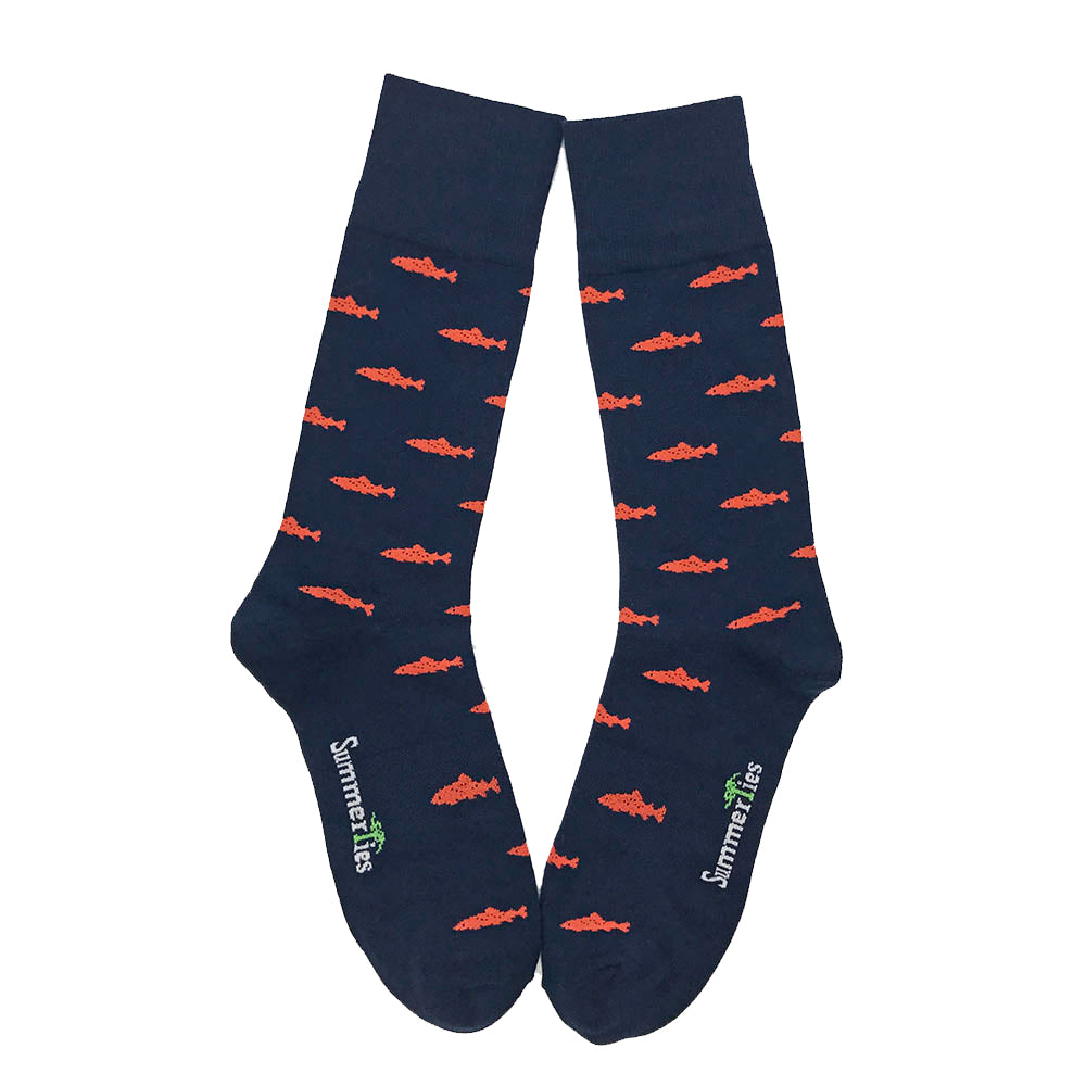 Trout Socks - Coral on Navy - Men's Mid Calf - SummerTies