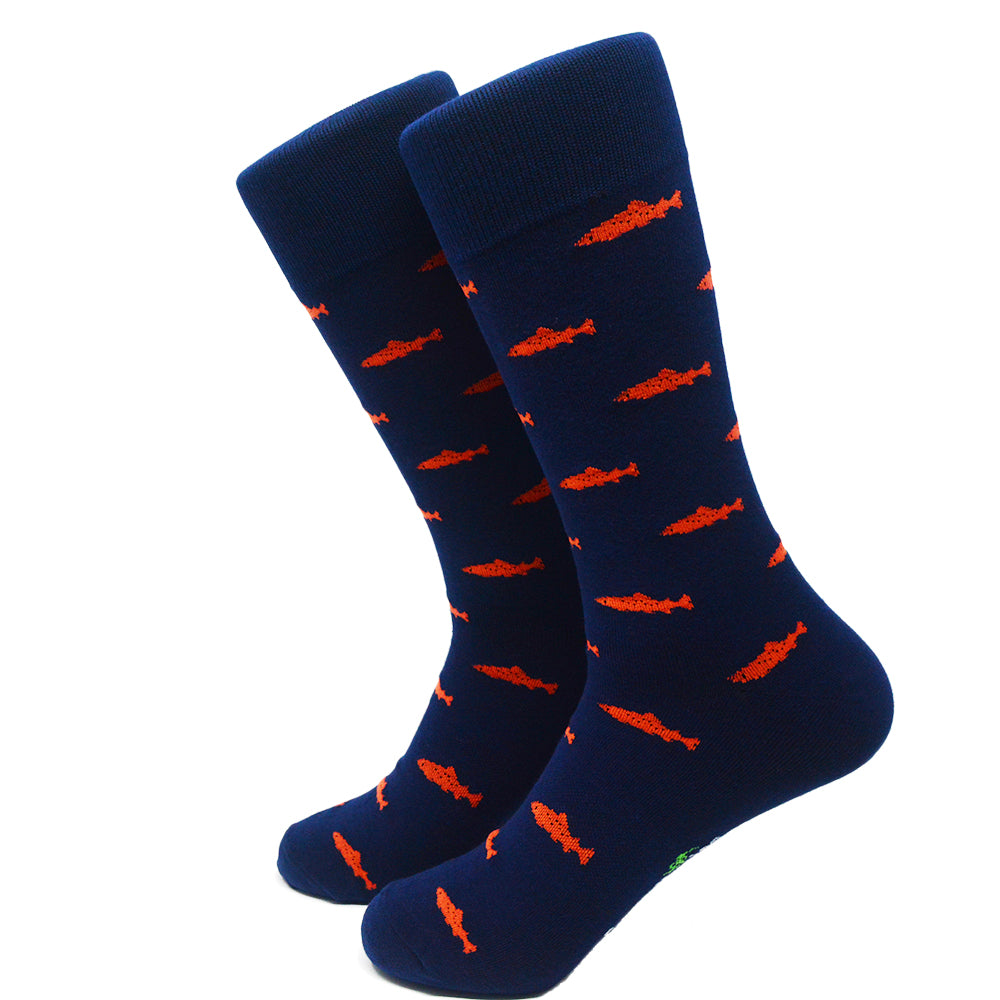 Trout Socks - Coral on Navy - Men's Mid Calf - SummerTies