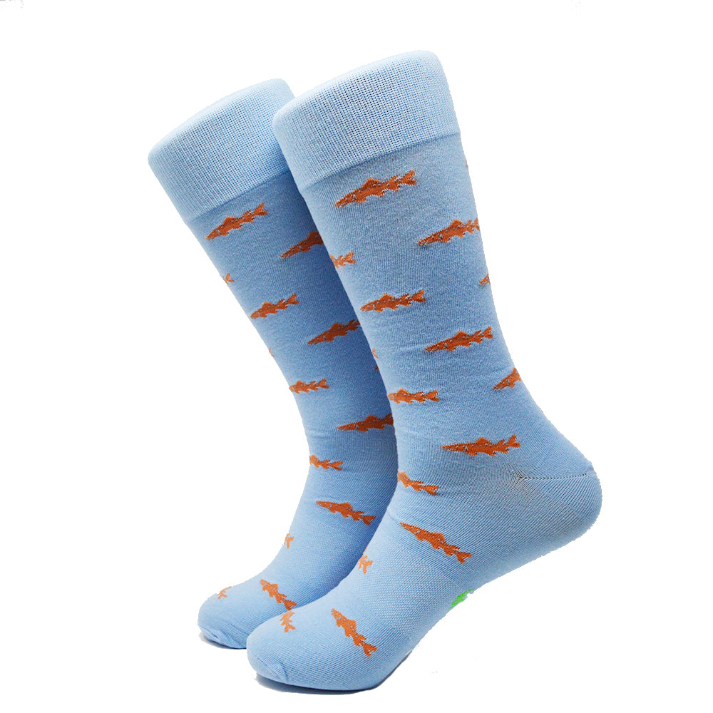 Trout Socks - Orange on Light Blue - Men's Mid Calf - SummerTies