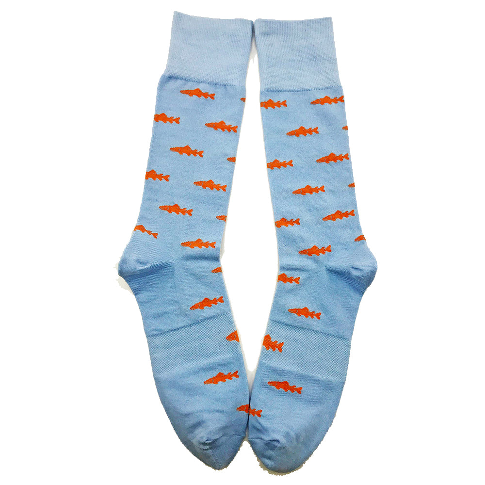 Trout Socks - Orange on Light Blue - Men's Mid Calf - SummerTies