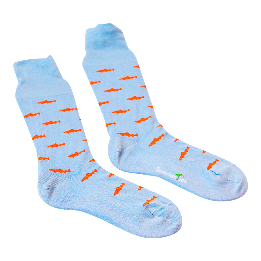 Trout Socks - Orange on Light Blue - Men's Mid Calf - SummerTies