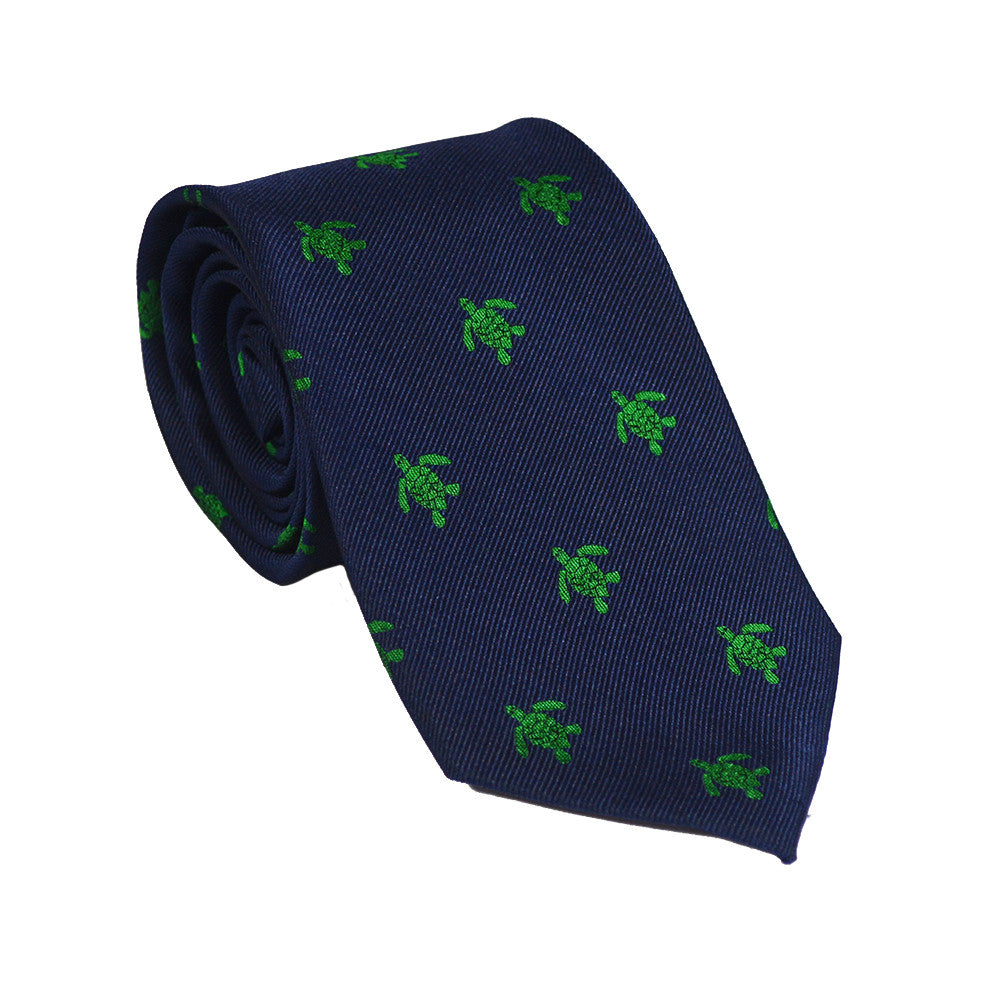 Turtle Necktie - Green on Navy, Woven Silk - SummerTies