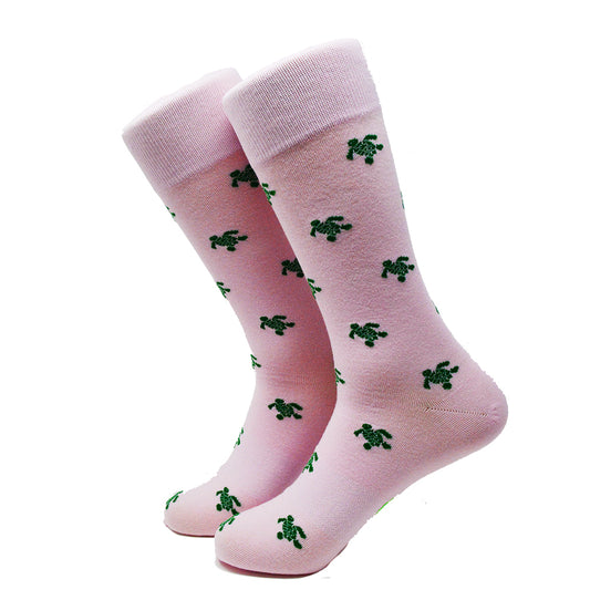 Turtle Socks - Men's Mid Calf - Green on Pink - SummerTies