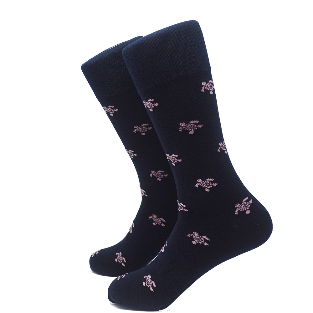 Turtle Socks - Men's Mid Calf - Pink on Navy - SummerTies