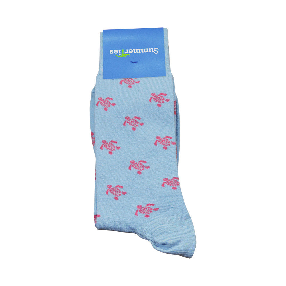 Turtle Socks - Men's Mid Calf - Pink on Blue - SummerTies