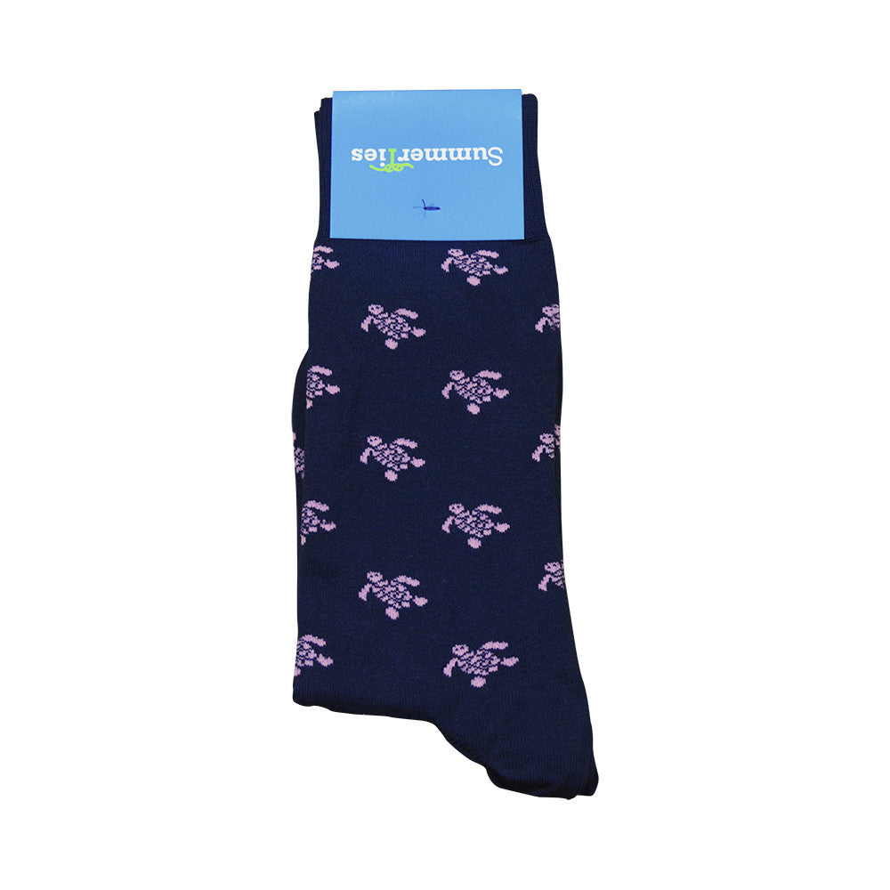 Turtle Socks - Men's Mid Calf - Pink on Navy - SummerTies