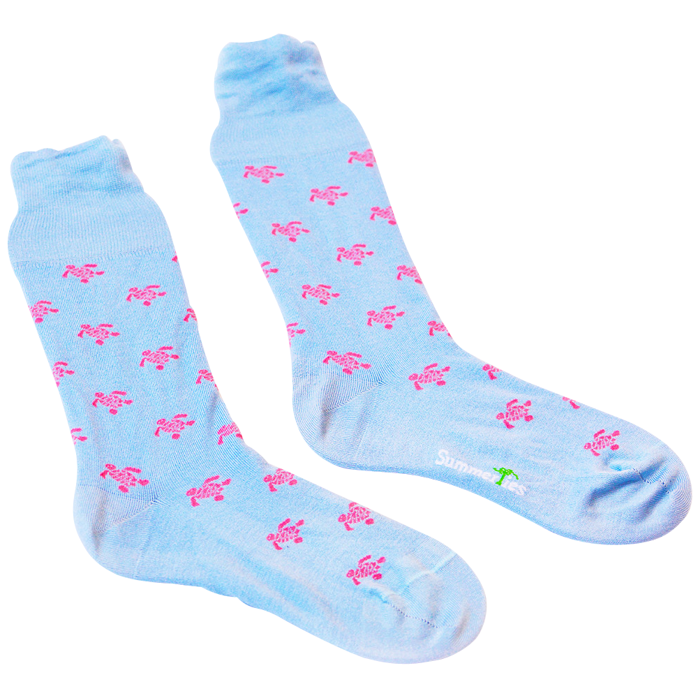 Turtle Socks - Men's Mid Calf - Pink on Blue - SummerTies