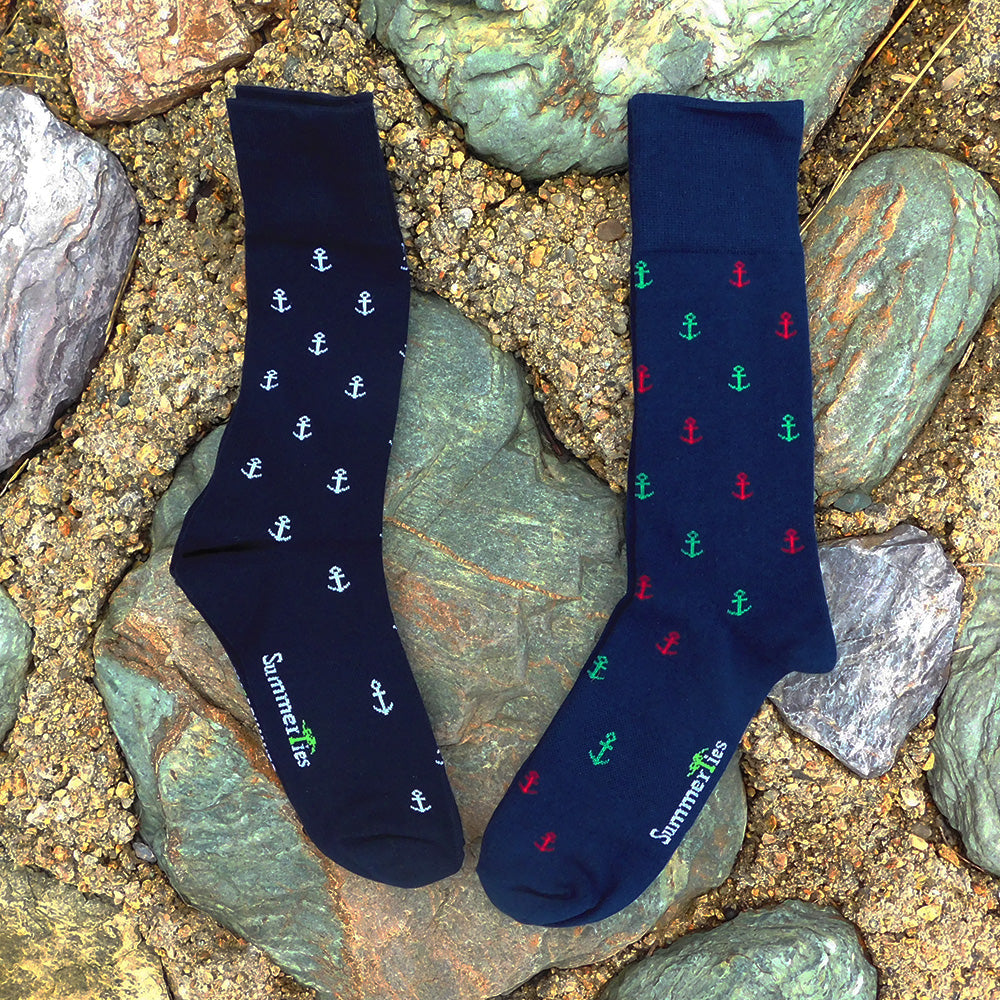 Anchor Socks - Men's Mid Calf - White on Navy - SummerTies