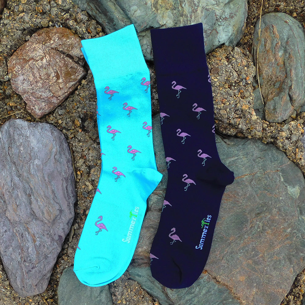 Flamingo Socks - Men's Mid Calf - Pink on Navy - SummerTies