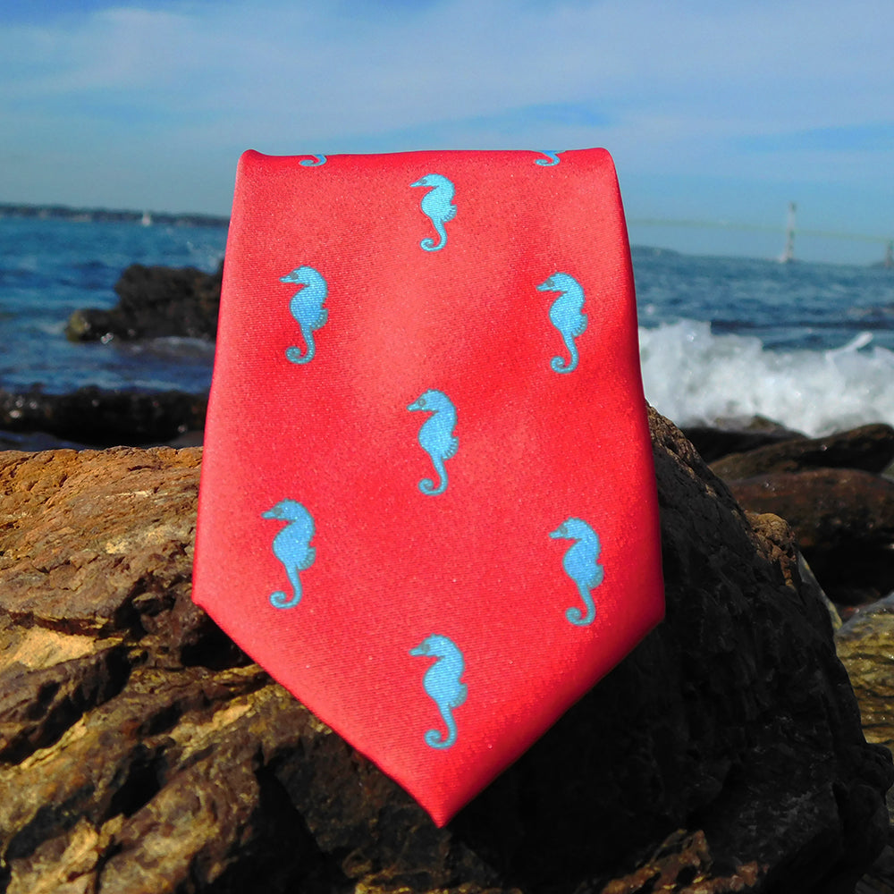 Seahorse Necktie - Coral Pink, Printed Silk - SummerTies