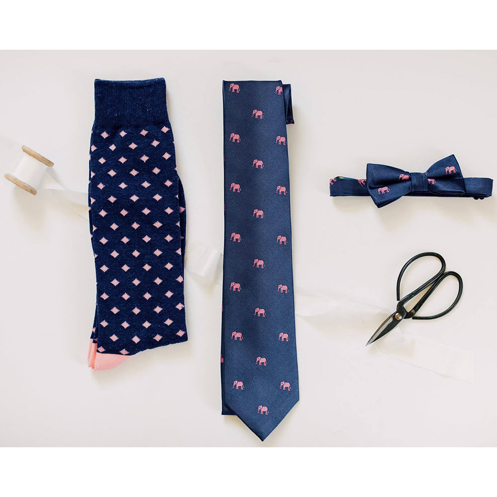 Elephant Necktie - Pink on Navy, Woven Silk - Spread - SummerTies