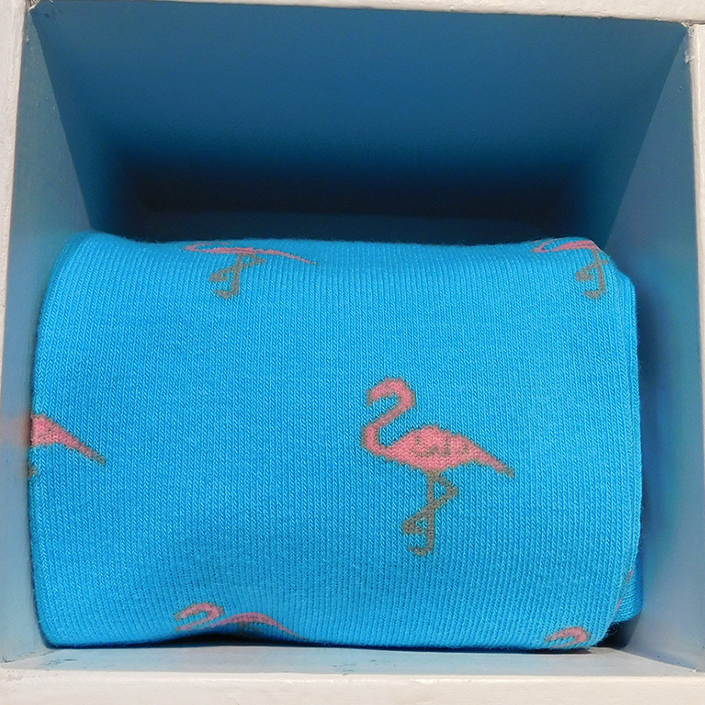 Flamingo Socks - Men's Mid Calf - Pink on Aqua Blue - SummerTies