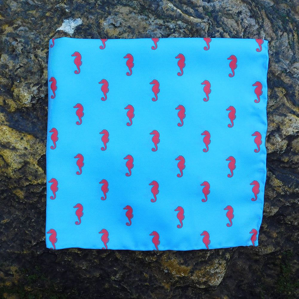 Seahorse Pocket Square - Blue - SummerTies