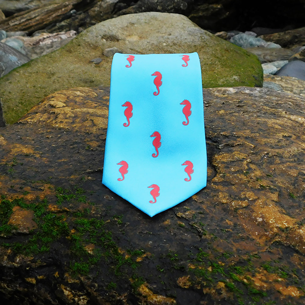 Seahorse Necktie - Blue, Printed Silk - SummerTies