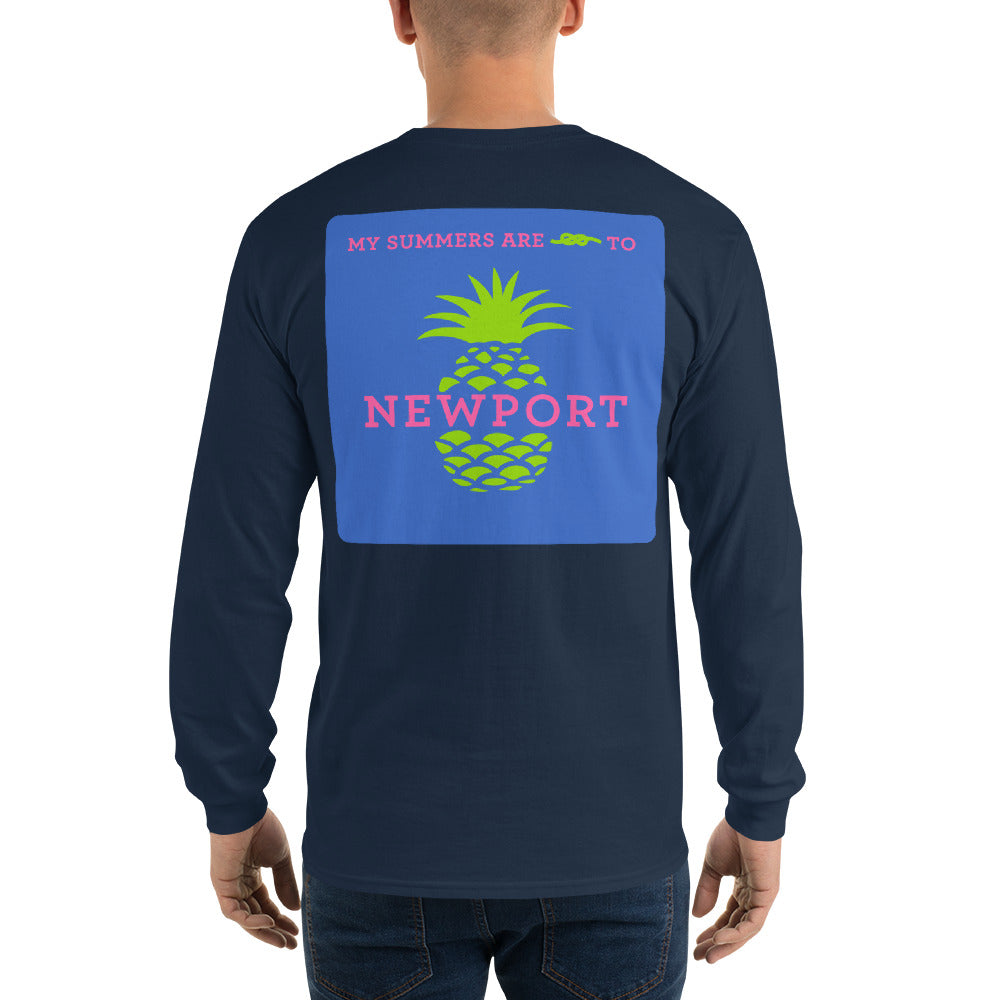 My Summers are Tied to Newport Pineapple Pink and Green with Blue Block Long Sleeve T-Shirt - Multiple Colors - SummerTies