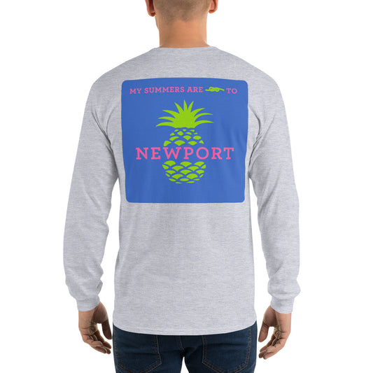 My Summers are Tied to Newport Pineapple Pink and Green with Blue Block Long Sleeve T-Shirt - Multiple Colors - SummerTies