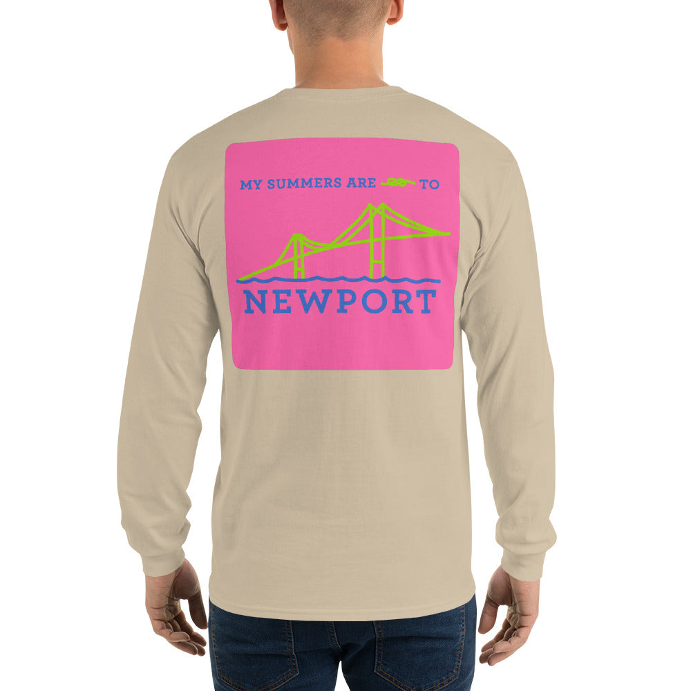 My Summers are Tied to Newport Bridge Blue and Green on Pink Block Long Sleeve T-Shirt - Multiple Colors - SummerTies