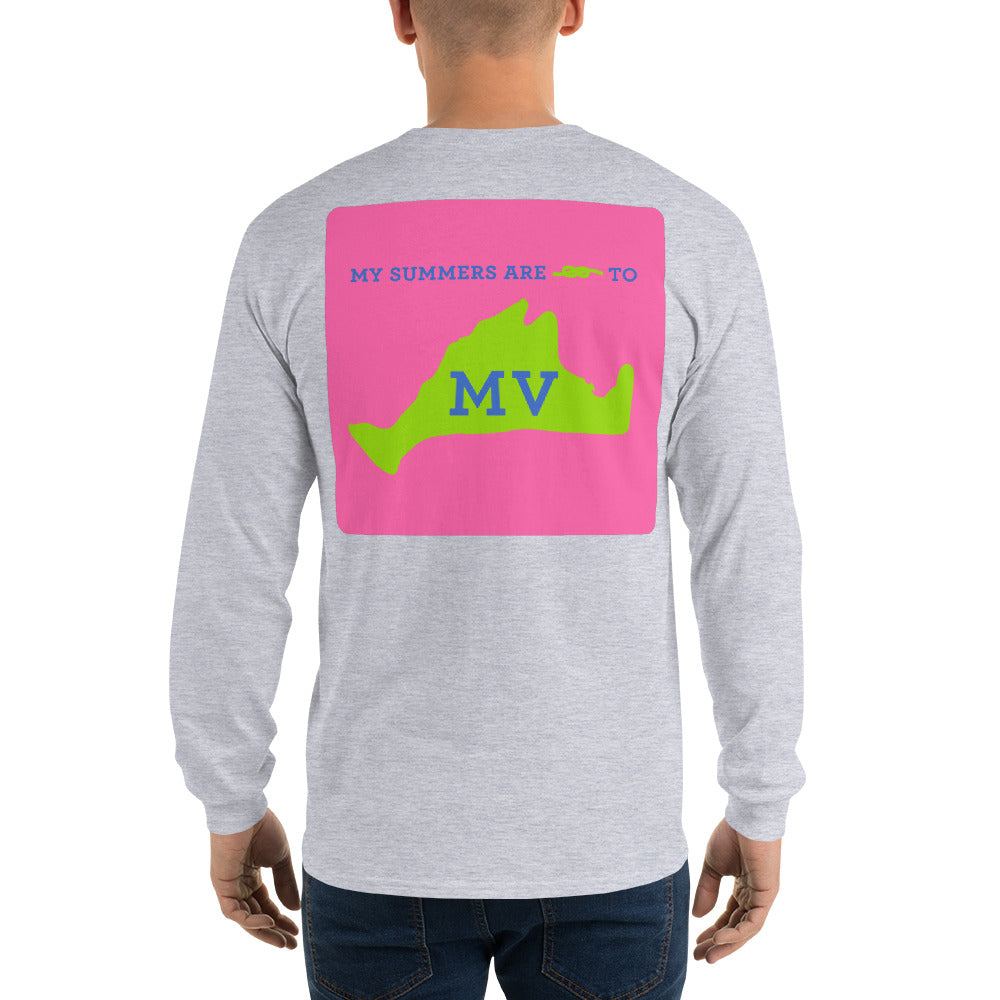 My Summers are Tied to Martha's Vineyard Blue and Green with Pink Block Long Sleeve T-Shirt - Multiple Colors - SummerTies