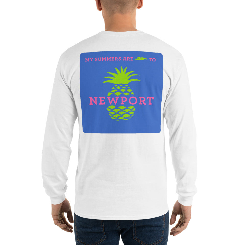 My Summers are Tied to Newport Pineapple Pink and Green with Blue Block Long Sleeve T-Shirt - Multiple Colors - SummerTies