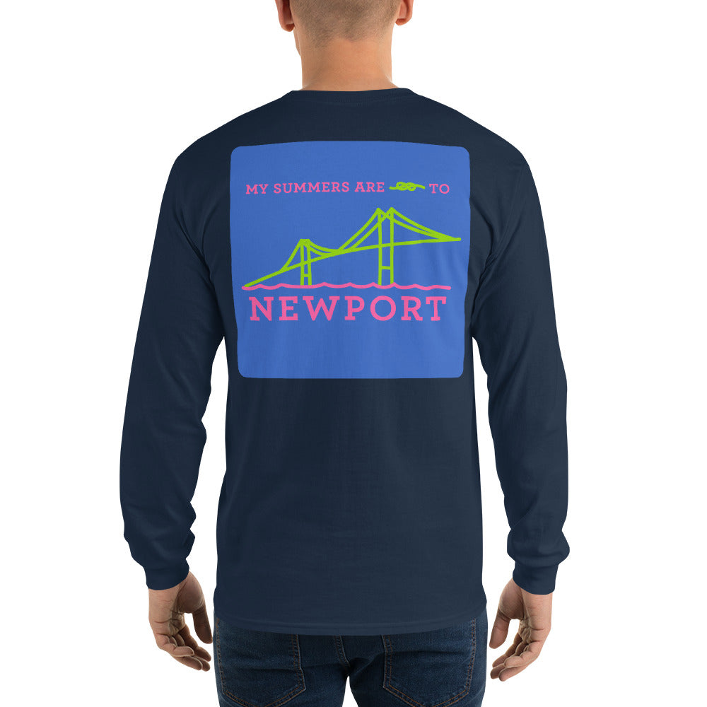 My Summers are Tied to Newport Bridge Pink and Green with Blue Block Long Sleeve T-Shirt - Multiple Colors - SummerTies