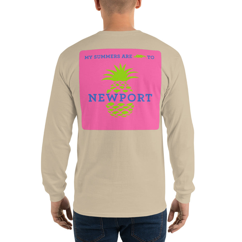 My Summers are Tied to Newport Pineapple Blue and Green with Pink Block Long Sleeve T-Shirt - Multiple Colors - SummerTies