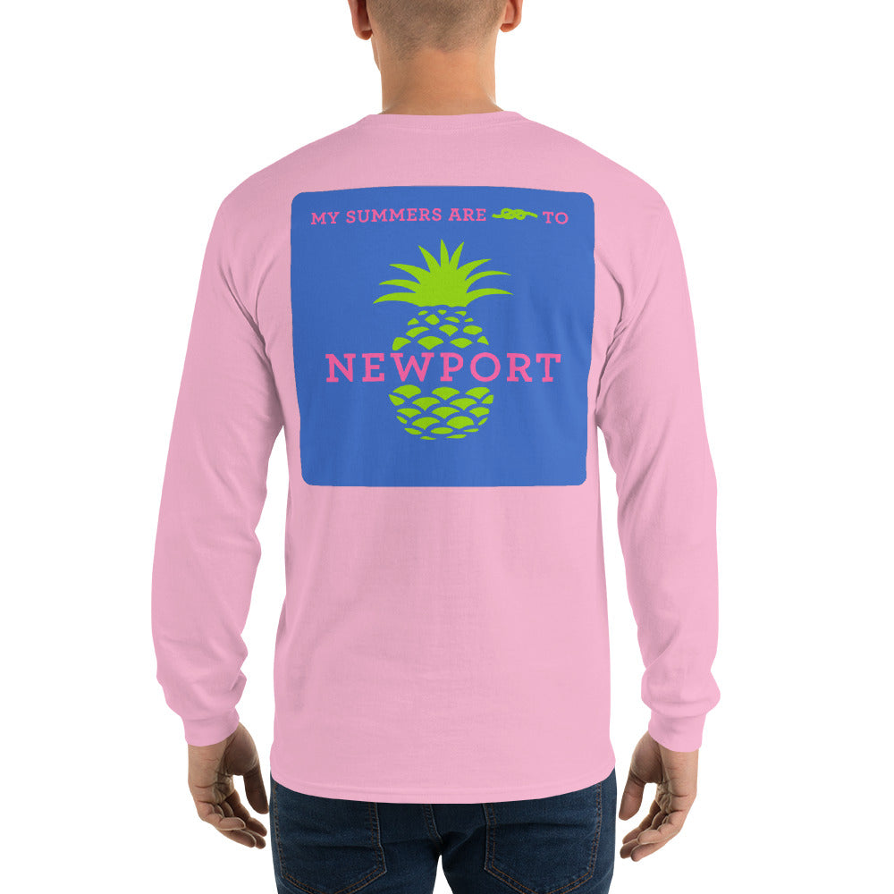 My Summers are Tied to Newport Pineapple Pink and Green with Blue Block Long Sleeve T-Shirt - Multiple Colors - SummerTies