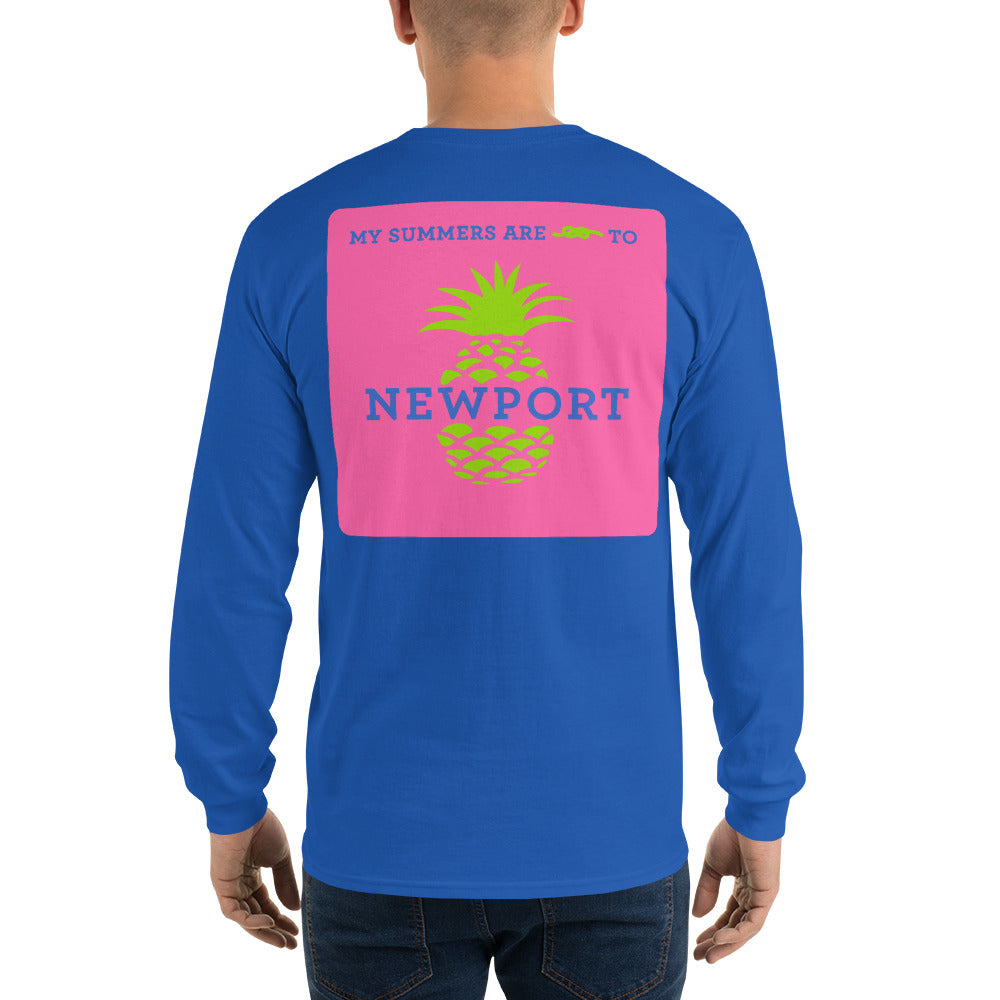 My Summers are Tied to Newport Pineapple Blue and Green with Pink Block Long Sleeve T-Shirt - Multiple Colors - SummerTies