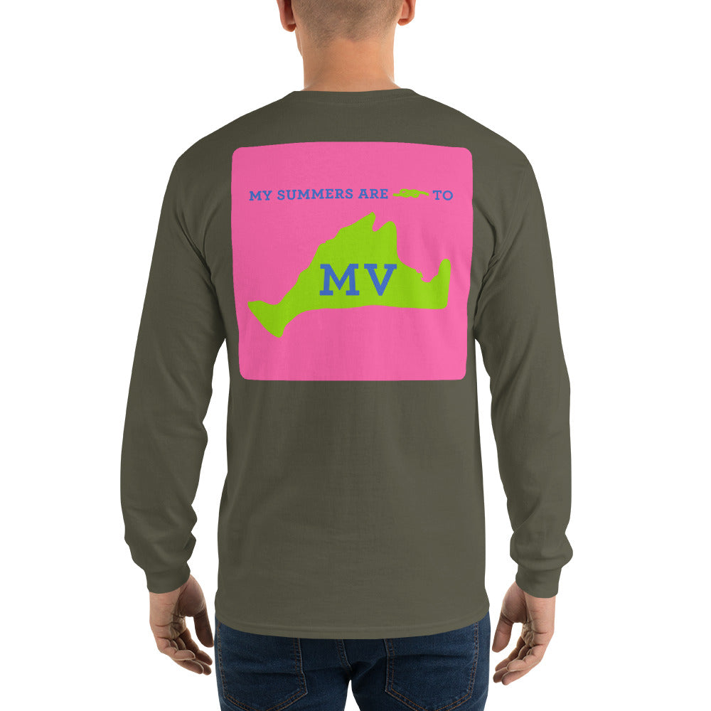 My Summers are Tied to Martha's Vineyard Blue and Green with Pink Block Long Sleeve T-Shirt - Multiple Colors - SummerTies