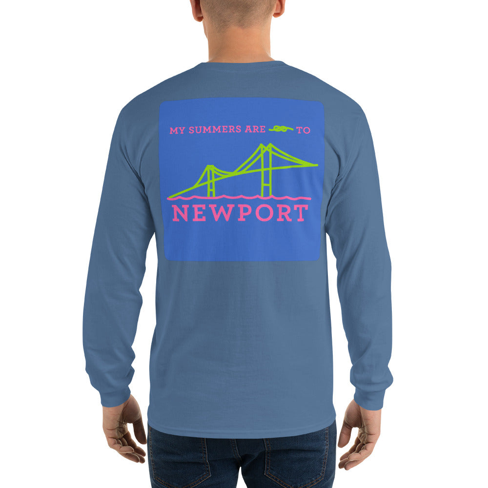 My Summers are Tied to Newport Bridge Pink and Green with Blue Block Long Sleeve T-Shirt - Multiple Colors - SummerTies