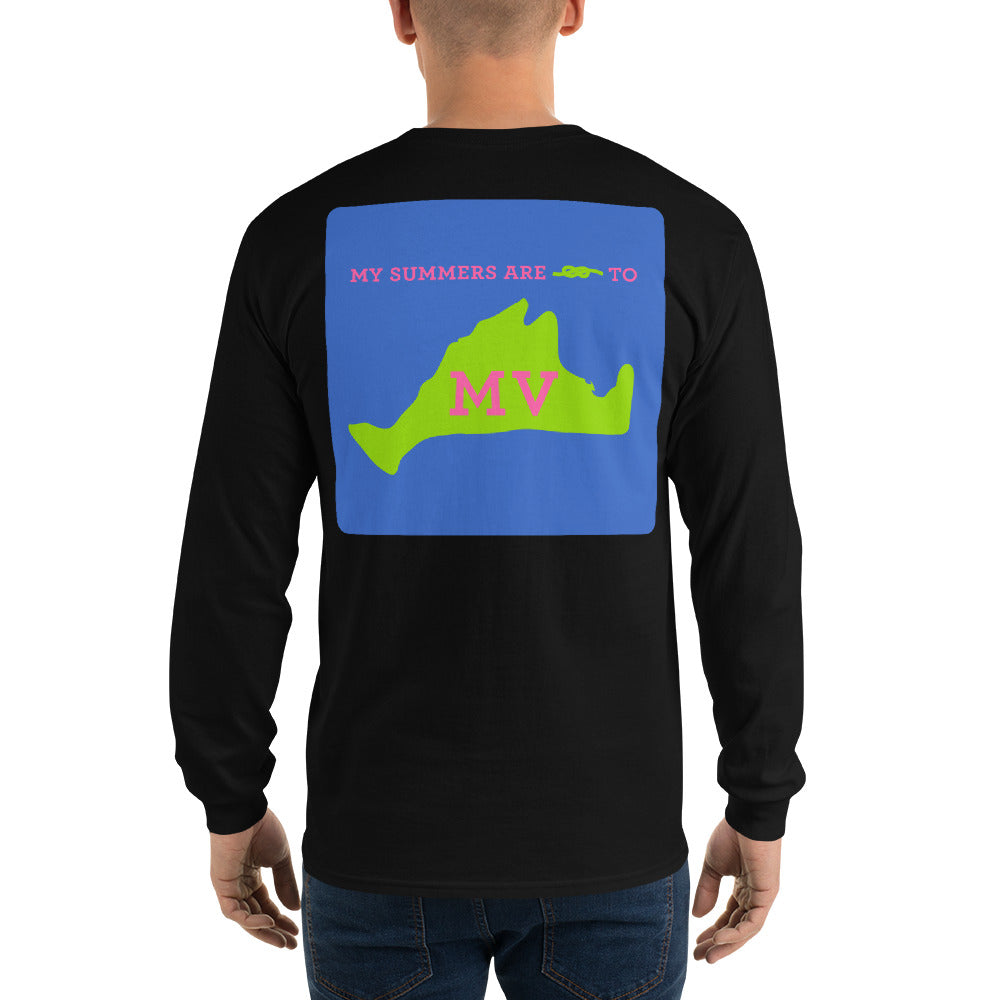 My Summers are Tied to Martha's Vineyard Pink and Green with Blue Block Long Sleeve T-Shirt - Multiple Colors - SummerTies