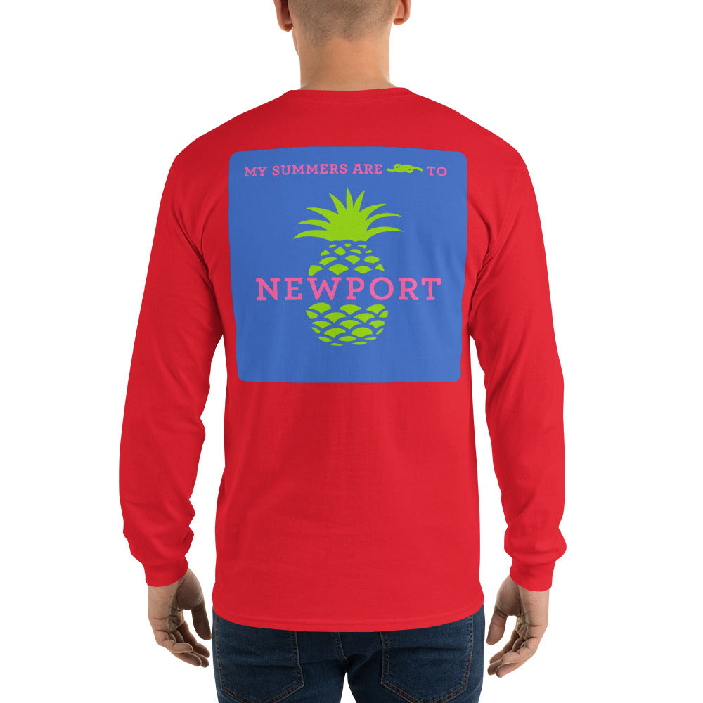 My Summers are Tied to Newport Pineapple Pink and Green with Blue Block Long Sleeve T-Shirt - Multiple Colors - SummerTies